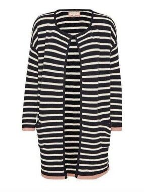 Organic Cotton Striped Navy & White Knit Long Cardigan with Pink Trim